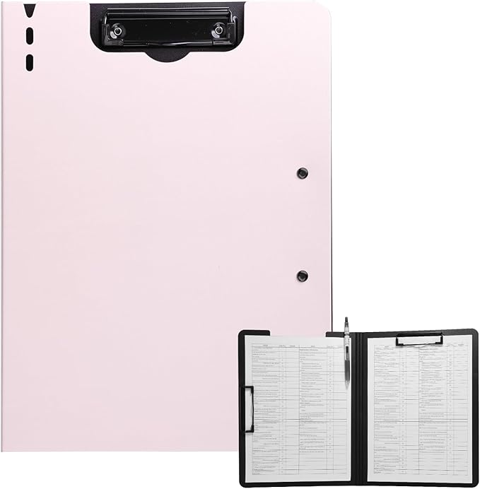 FRETONBA Clipboard Folder, A4 Foldable Clipboard with Horizontal and Vertical Double Metal Clips, 360 Degree Foldable Binder Clipboards with Pen Holder, File Cover Work Folder Clipboards, Pink