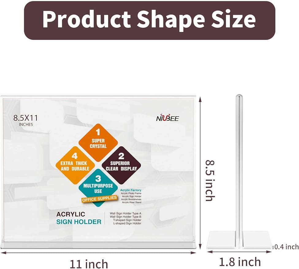 NIUBEE Acrylic Sign Holder 8.5x11 Inches 3 Pack Horizontal, T Shape Double Sided Clear Frames, Plastic Paper Flyer Display Holder, Document Menu Table Stand for Office, Store -Landscape