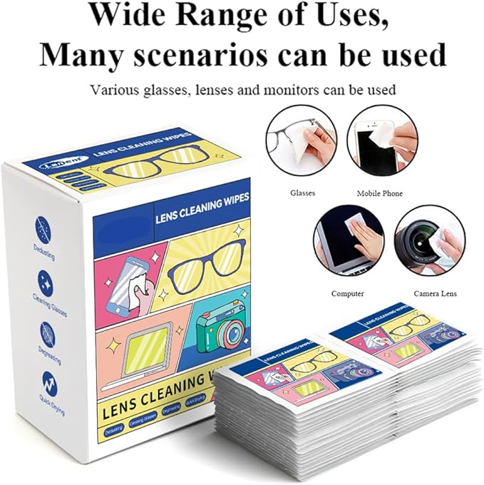 Pre-Moistened Lens Cleaning Wipes, Cleaning Wipes for Glasses, Computer & Laptops Screens, Smart Phones, Optical Lens, Goggles, and Watch Screen l Quick-Dry and Scratch-Free (Multicolor)