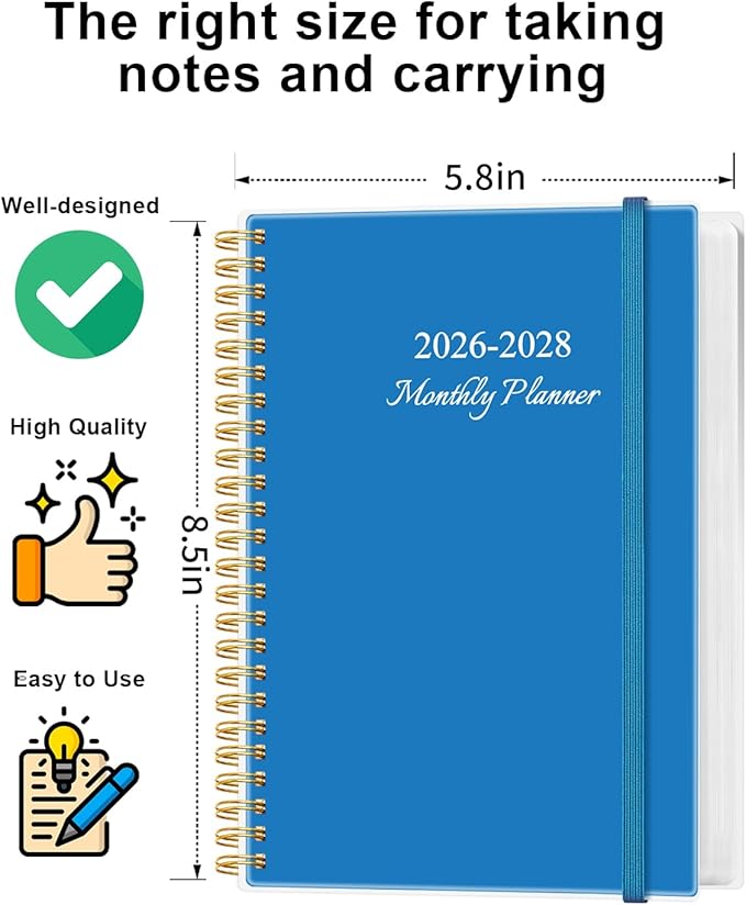 2026-2028 Monthly Planner, Three Years Calendar from January 2026 - December 2028 with Spiral Binding, Inner Pocket, Elastic Closure, 38 Month Planner for Home | School | Office, 5.8" x 8.5", Blue