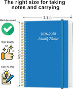 2026-2028 Monthly Planner, Three Years Calendar from January 2026 - December 2028 with Spiral Binding, Inner Pocket, Elastic Closure, 38 Month Planner for Home | School | Office, 5.8" x 8.5", Blue
