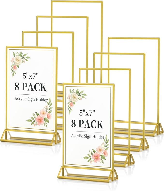 Dynta Acrylic Sign Holder 5x7in Double-Sided Display Stand with Gold Frame Clear Table Sign Holders for Wedding Party Restaurants Home Office(8 Pack)