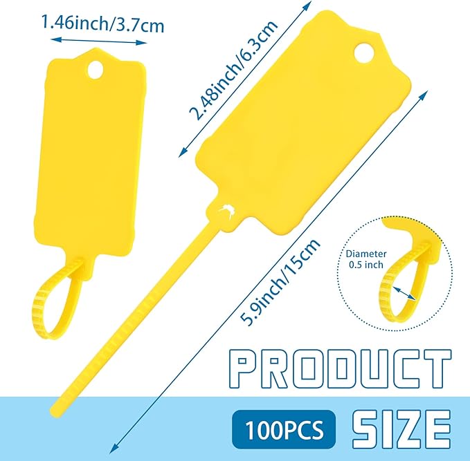 LeonBach 100 PCS Plastic Shipping Tags, 1.46" x 2.48", Waterproof Labels Writable Hanging Tag with Sealing Strap, Shipping Cable Tie Label Tags for Keys Luggage Logistic Retail Inventory(Yellow)