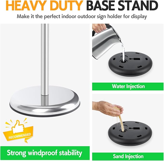 RedChili Sign Holder Stand 8.5x11 Inch, Floor Standing Sign Holder With Rotated Snap-Open Aluminum Frame, Angle Height Adjustable Signage Stand with Round Base for Advertising Poster (Silver, Round Corner)