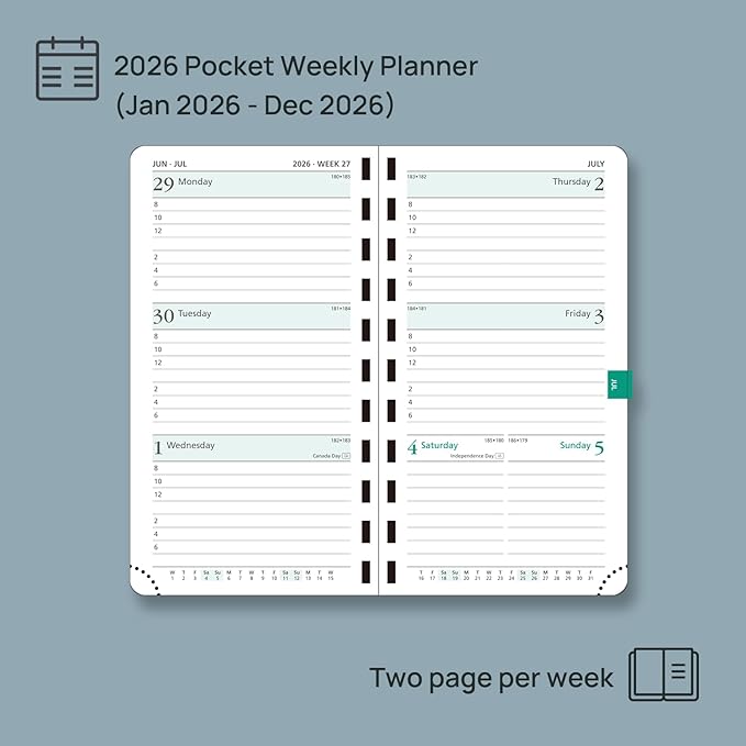 POPRUN 2026 Pocket Planner (Slim Size 3.5" x 6.5") Weekly and Monthly Calendar for Purse, with Hourly Time Slots, 100GSM Thick Paper, Spiral Soft Cover, Pen Holder - Pink