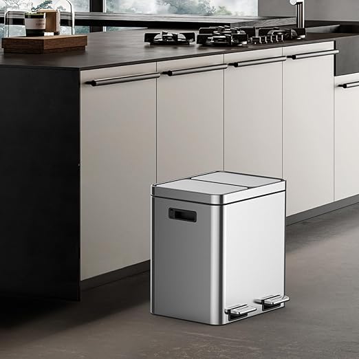 OUTLANE 30L Stainless Steel Double Compartment Trash Can, Foot Pedal, Soft Close Lid, Removable Buckets, Fingerprint Resistant, Home/Office/Bathroom Bin, 37.6x42.8x46.8cm