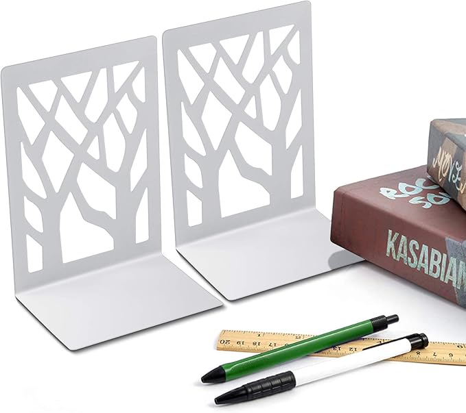 MSDADA Bookends, Book Ends for Shelves, Bookends for Office, Book Ends for Heavy Books, Book Shelf Holder Stand Home Decorative，Metal Bookend Supports, Book Stoppers, White(4 Pairs)