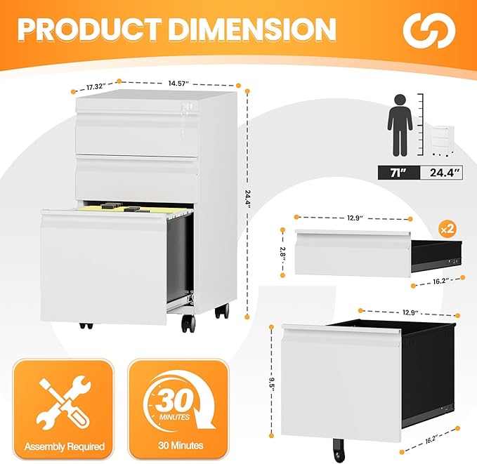 AFAIF 3 Drawer Mobile File Cabinet with Lock, Rolling File Cabinets for Home Office, Under Desk Small File Caninet on wheels, Metal Vertical White Filing Cabnet for Legal/Letter/A4 - Assembly Required