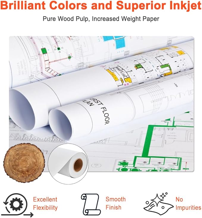 Plotter Paper 24" x 150', 2" Core 4.2 mil - 80 g/m² 20lb Bond Tracing Paper Roll for Wide Format Ink Jet Printers | Architectural Blueprints, Engineering Drawings, CAD, Custom-Sized Prints (4 Rolls）