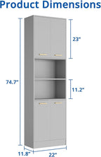 Cozy Castle Kitchen Pantry Cabinet, 75" Tall Wood Storage Cabinet with Doors and Shelves, 4 Doors Open Countertop Utility Hutch Cupboard for Dining Room Living Room Bathroom Furniture, Gray