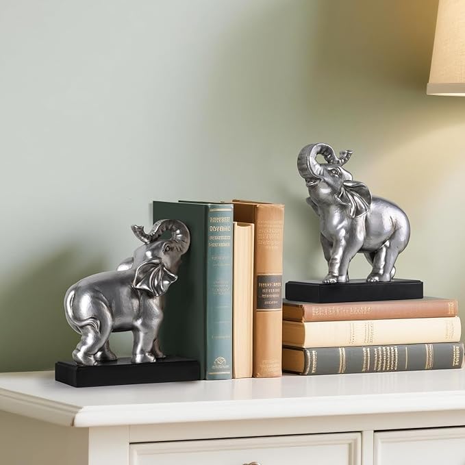 MXARLTR Elephant Book Ends Decorative, Bookends for Shelves, Book Ends for Heavy Books with Anti-Slip Pad for Book Lovers Heavy Book Holder for Home Office Decor (Silver)