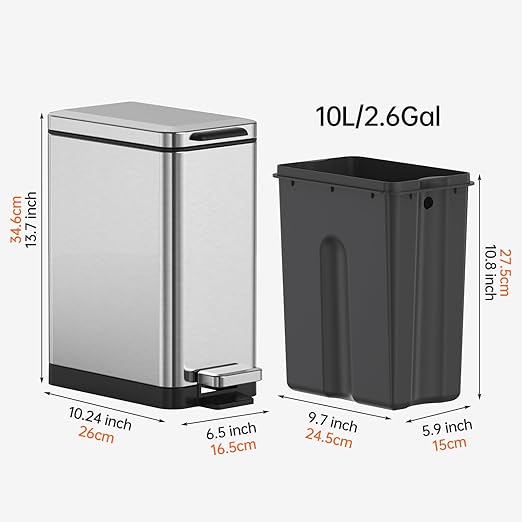 Mbillion Bathroom Trash Can with Lid Slim Stainless Steel Small Bathroom Garbage Can 10 Liter, 2.6 Gallon Soft Close, Step Pedal, Slim Wastebasket for Toilet, Office, Bedroom, Brushed Silver