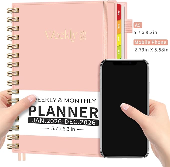 EMSHOI 2026 Planner Weekly and Monthly, Week on One Page with Notes, A5 (5.7"x8.3"), Jan-Dec 2026 Calendar Agenda with Monthly Tabs, Note Pages, 100GSM Thick Paper, Flexible Cover, Pink