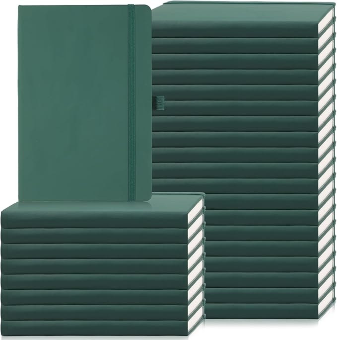 Laumoi 28 Pack PU Leather Lined Notebook Journal Bulk A5 Hardcover Notebook College Ruled 5.5 x 8.2 Inch Journal with Pen Holder for School Business Work Writing(Green,Simple)