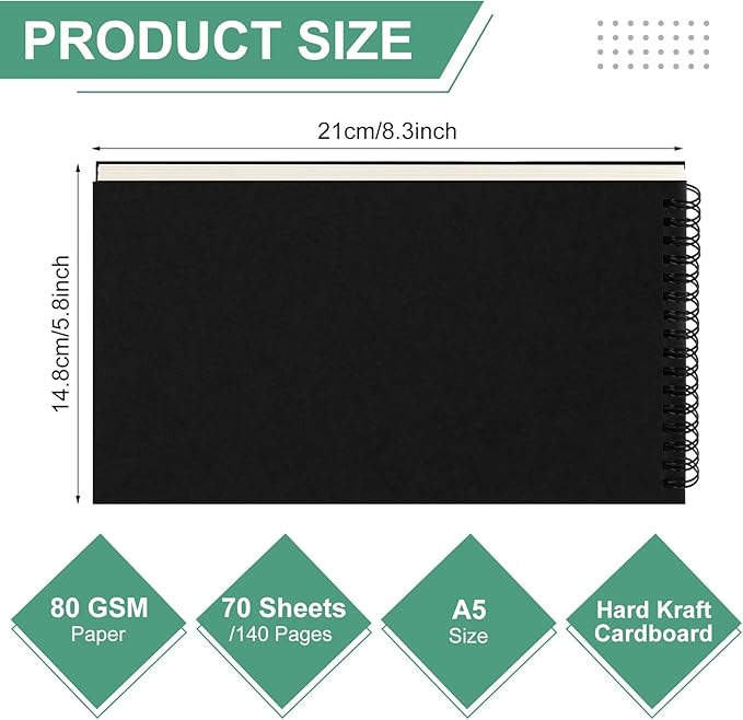 Engrowtic Dot Grid Notebook Top Spiral Notebook A5 Size Bullet Dotted Paper Hardcover Dot Journal 8.3''x 5.8'' 140 Pages Spiral Notepads for Sketching Drawing Writing School Office(Black,2 Pcs)