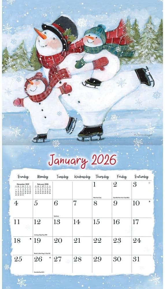 Lang Sam Snowman 2026 Wall Calendar – 12-Month Calendar with Stapled Binding, Whimsical Snowman Artwork by Susan Winget, 13.4" × 12"