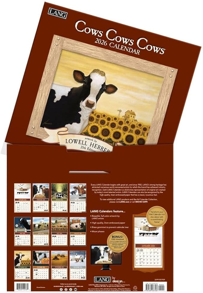 Lang Cows Cows Cows 2026 Wall Calendar – 13.4" × 12", 12-Month Calendar with Stapled Binding, Linen-Embossed Art by Lowell Herrero, Whimsical Farm Animal Imagery