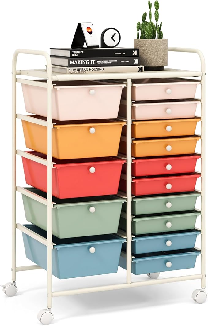 LDAILY 15 Drawer Rolling Storage Cart, Rolling Cart with Drawers for Classroom, Art Supply Craft Organizer on Wheel with Metal Frame & Handles for Home Office School