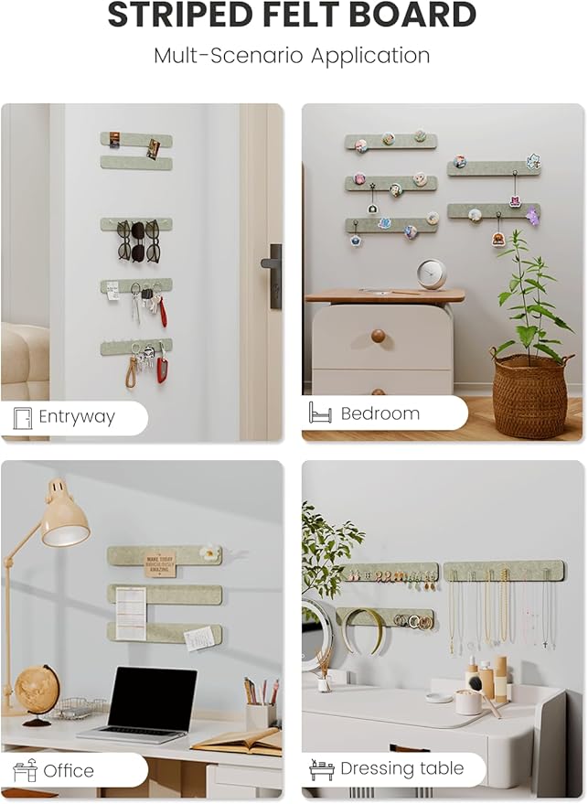 Fluxynara Cork Board Alternative Felt Strip Board 5-Pack 13"x2", Office Pin Board with 35 Push Pins, Adhesive Install for Bedroom Door & Home Office(Sage)