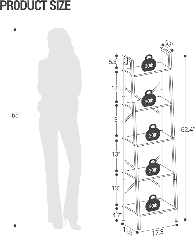 Hzuaneri Ladder Shelf, Bookshelf Bookcase, Freestanding Corner Storage Shelve with 2 Hooks for Home Office, Living Room, Kitchen, Bedroom, Industrial, 11.8" D x 17.3" W x 63" H, White BC19213W