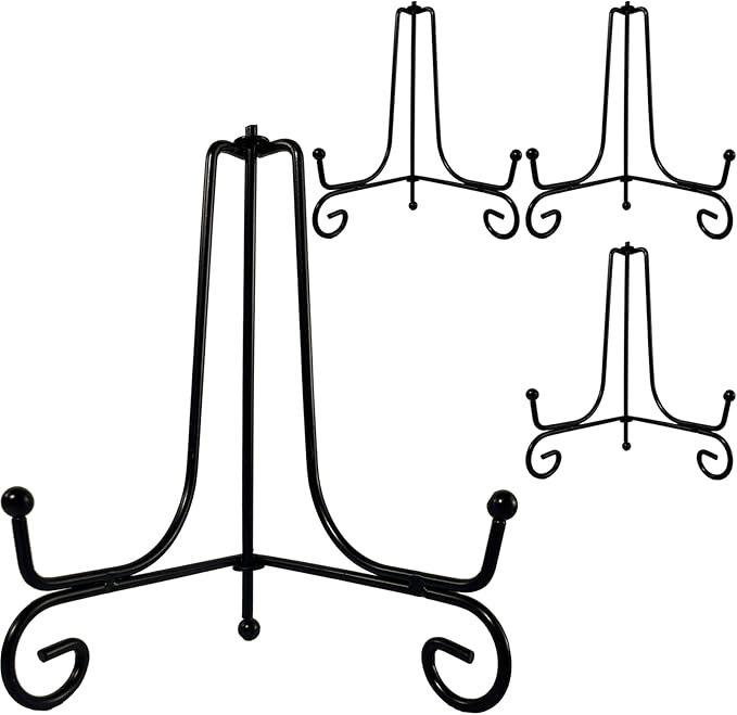 HENABLE 4PCS Premium Black Iron Plate Stands for Display 6 Inch, Decorative Solid Metal Plate Holders for Displaying, Mini Easel, Frame, Book, Card, Plaque, Bowl, Picture Stands for Display