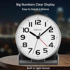 FAMICOZY Automatically Backlighted Alarm Clock,Silent No Ticking for Seniors Vision Impaired,Easy to Set,Big Numbers,Ascending Alarm,Gentle Wake,Snooze,2 AA Battery Operated,Black