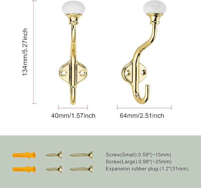 TUNNY Coat Hooks - 5 Pack Polished Gold Towel Hooks Robe Hooks Decorative Wall Hooks for Bathroom Bedroom Kitchen Towel Robe Clothes Cabinet Closet Bathroom Hardware