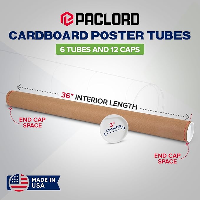 3" x 36" Reinforced Kraft Paper Mailing Tubes, Pack of 6 Tubes with 2 Caps Each – USPS Approved Poster Tube – Made in USA Cardboard Tube for Shipping and Storing Posters, Prints, Artwork, or Documents