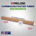 3" x 36" Reinforced Kraft Paper Mailing Tubes, Pack of 6 Tubes with 2 Caps Each – USPS Approved Poster Tube – Made in USA Cardboard Tube for Shipping and Storing Posters, Prints, Artwork, or Documents