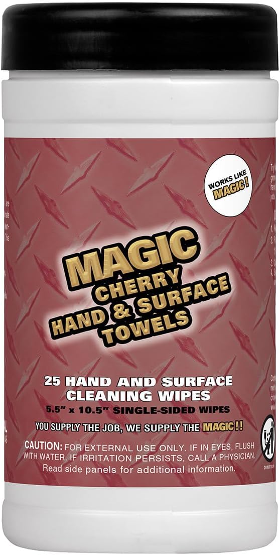 Magic Cherry Scented Heavy Duty Cleaning Wipes - Single Sided Hand & Surface Shop Towels | Professional-grade Cleaning | Waterless | Cleans Grease, Oil, Dirt, & more (3 Pack | 75 Sheets Total)