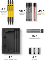 Four Candies 3PCS 1.3mm Mechanical Pencil Set with Case, Metal Heavy Duty Carpenter Pencils with 72 Refill(Red,Black,Yellow) 3Eraser, 16Eraser Refill, Weatherproof Body Outdoor Woodworking Marking