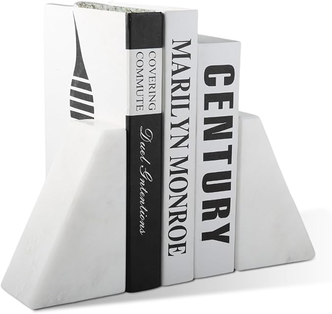 Karibiber Marble Book Ends Decorative, Unique Bookends for Shelves, White Stone Bookends Holds Heavy Books, Weighted Book Holder Stopper for Home Office Desk Bookshelf Decoration, Set of 2