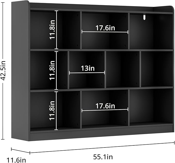 DIYART Black Bookshelf, Wood Bookcase with 3 Tier Open Shelves, 10-Cube Minimalist Storage Shelf for Living Room, Bedroom, 55.1" W x 42.5" H