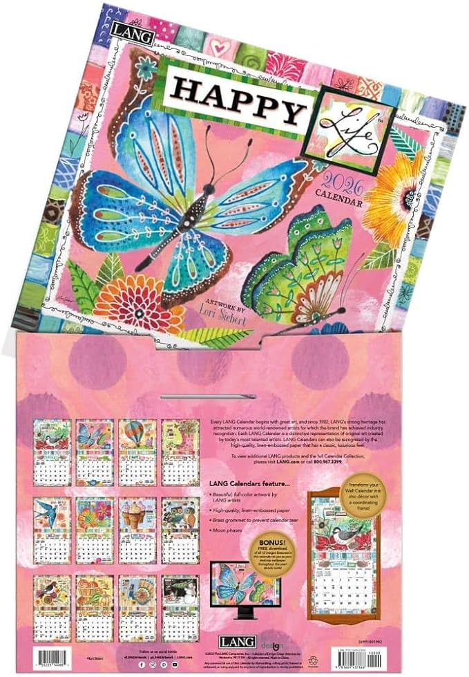 Lang Happy Life 2026 Wall Calendar – 12-Month Calendar with Stapled Binding, Linen-Embossed Joyful Artwork by Lori Siebert, 13.4" × 12"