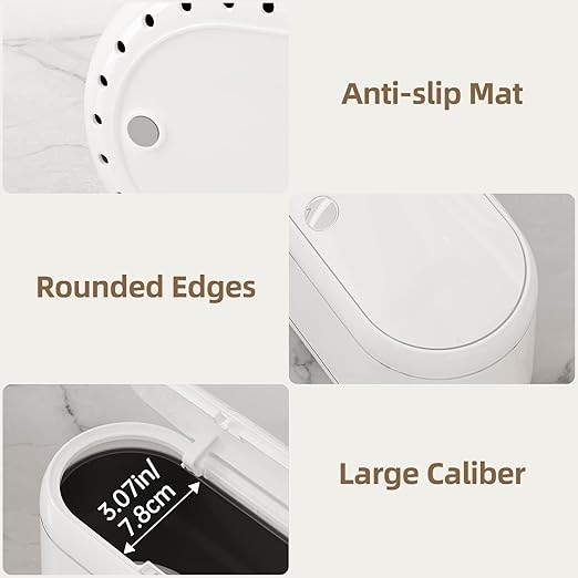 PAVSTINE Mini Trash Can for Desk with 5 Rolls of Trash Bags, Small Press-Top Countertop Garbage Bin, Removable Waste Basket for Bedroom, Vanity, Coffee Table, Kitchen (White Full-Lid)