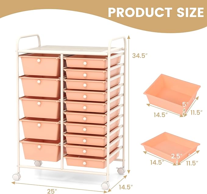 HAPPYGRILL 15-Drawer Rolling Cart, Storage Carts with Removable Drawers & Steel Frame, Utility Cart on Lockable Wheels for Home, School, Office (Peach Fuzz)