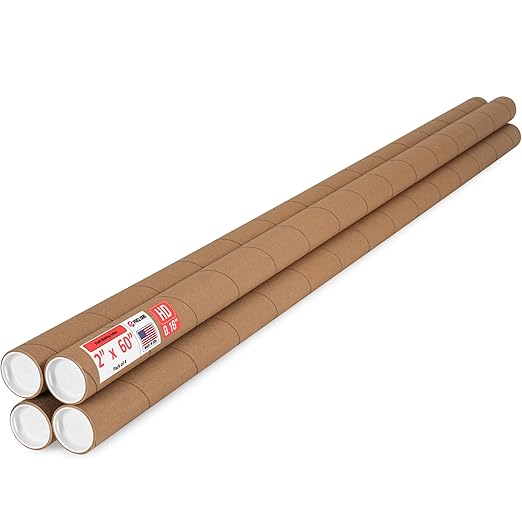 Paclord 2" x 60" Heavy-Duty Reinforced Cardboard Mailing Tube, Pack of 4 Tubes with 8 Caps – Secure USPS Approved – Great for Shipping and Storing of Prints, Artwork, Posters or Documents