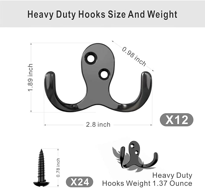 ZAYBOD 12 PCS Heavy Duty Coat Hooks - Wall Mounted Hooks for Coats, Backpacks, Robes & Hats - Includes 24 Screws
