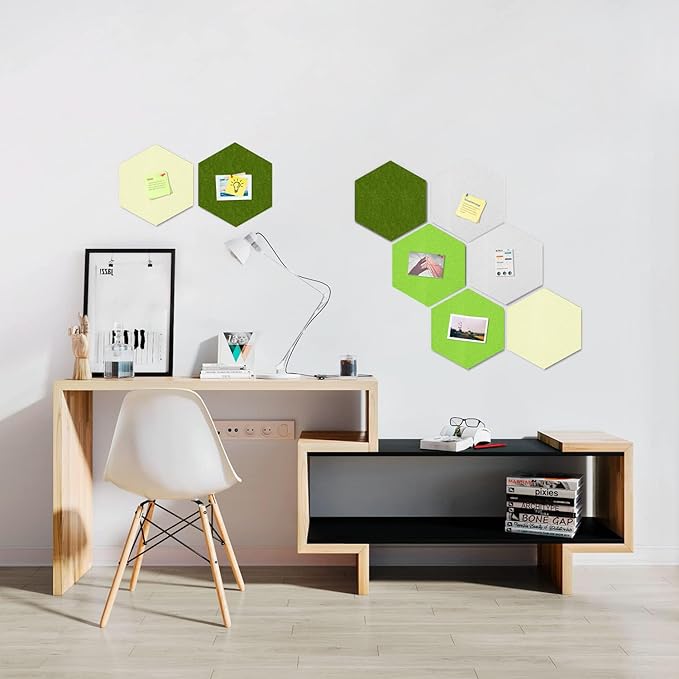 Uoisaiko 12" Large Bulletin Board with 30 Push Pins, Pack of 8 Hexagon Felt Pin Board Notice Boards for Home Office Kitchen, Felt Wall Tiles for Photos Memos (White Green)