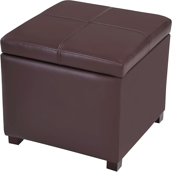 Asense 17 Inch Storage Ottoman Foot Rest,Square Faux Leather Foot Stool,Small Ottoman with Storage,Padded Seat for Entryway,Living Room,Bedroom,Couch,Under Desk,Brown