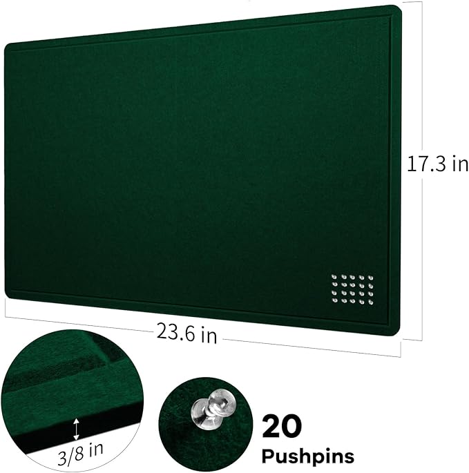 Bulletin Board, 24 x 18 inches Felt Board Decorative Pin Board, Cork Board Alternative for Wall, Foldable Photo Board Self-Adhesive Vision Board Mood Board with 20 Pushpins - Dark Green