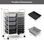 COSTWAY 15 Drawers Storage Cart, Multipurpose Rolling Utility Cart on Wheels w/Lockable Wheels & Removable Drawers, Mobile Tools Scrapbook Paper Organizer Cart for Office School Home, Mixed Black