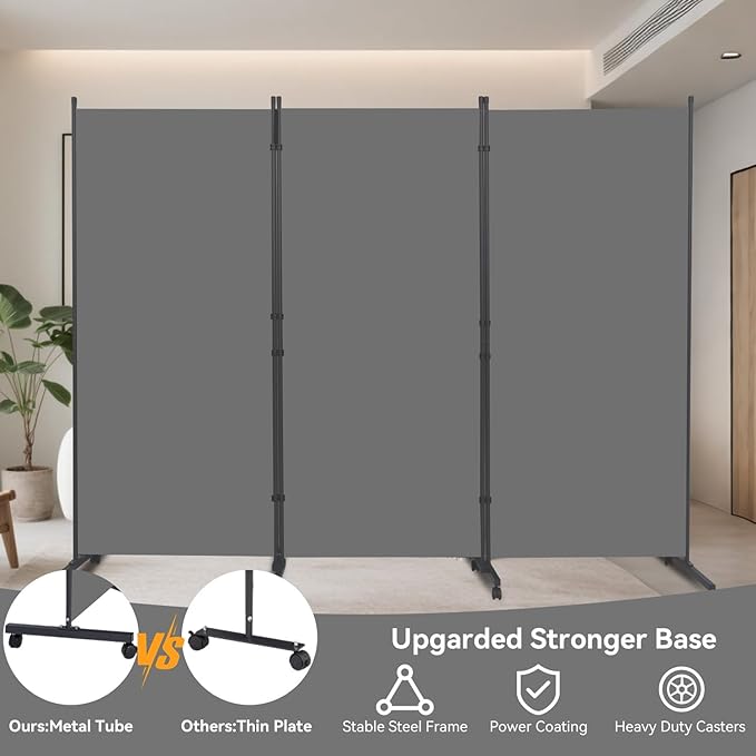 Room Divider (3 Panel) Wall Divider for Room Separation, 102 inch Wide Portable Privacy Screens W/Wheels, Metal Frame Freestanding Room Separators 5.6FT Room Partitions and Dividers