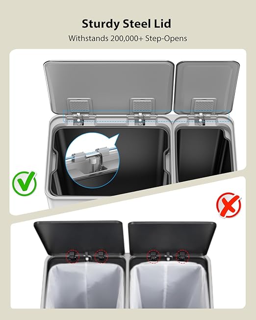 Dual Trash and Recycling Bins for Kitchen, 13.2 + 5.2 Gal (50+20L) Stainless Steel Trash and Recycle Bin Combo with Soft-Close Lid, Large Garbage Cans for Kitchen Home with 2 Magnets Sticker, White