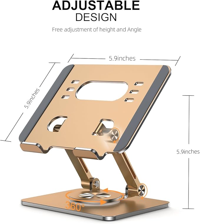 Tablet Stand Holder with Thickened 360°Rotating Base Dual Rod Adjustable Aluminum Stand for All 5.8-12.9” iPad Samsung Phone Tablet Kindle E-Reader and More, Gold
