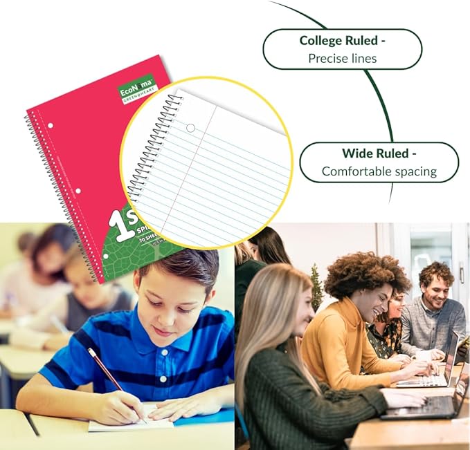 ECONAMA Subject Book Spiral Notebook Pack of 6 Wide Ruled 140 Pages (70 Sheets) 8" × 10.5" Perforated Carbon Neutral 3-Hole Punched Eco-Friendly School & Office Supply Assorted Colors