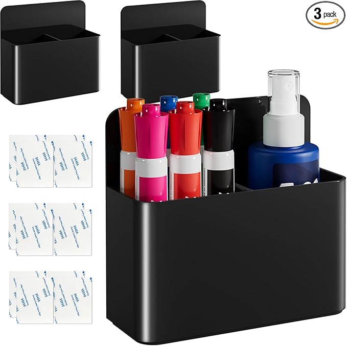 First-zgel 3 Pack Magnetic Dry Erase Marker Holder, Wall Pen Holder for Whiteboard, Magnet School Locker Organizer Accessories, Self Adhesive Pencil Cup, Pen Caddy, Classroom Organization (Black)