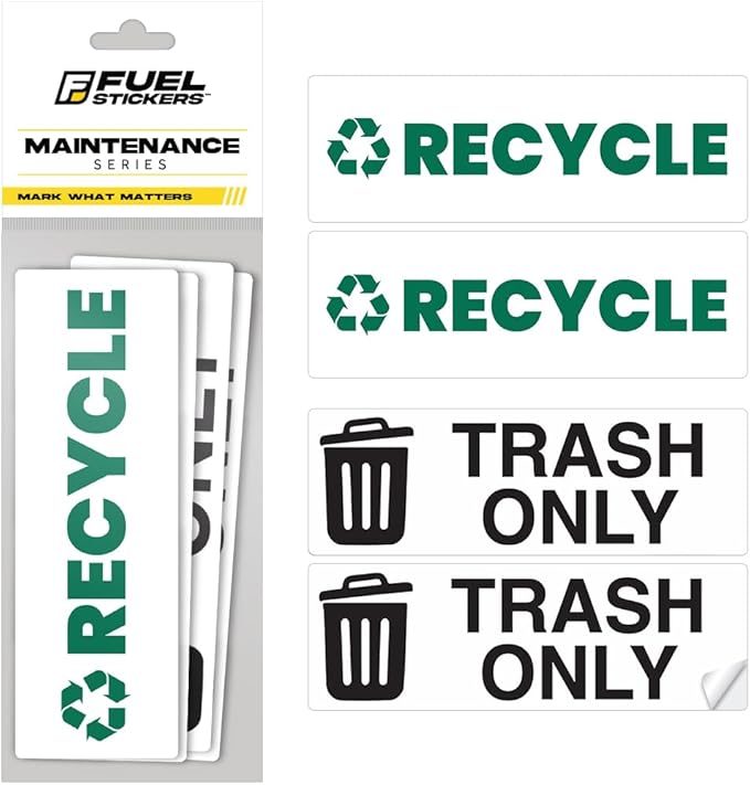 Trash Recycle Stickers – Heavy-Duty Trash Bin Labels - 3-5 Year Indoor/Outdoor Rated - Weather Proof, Ultra Durable - USA Made (6x2 inch), 10 Labels of Each, 20 Total
