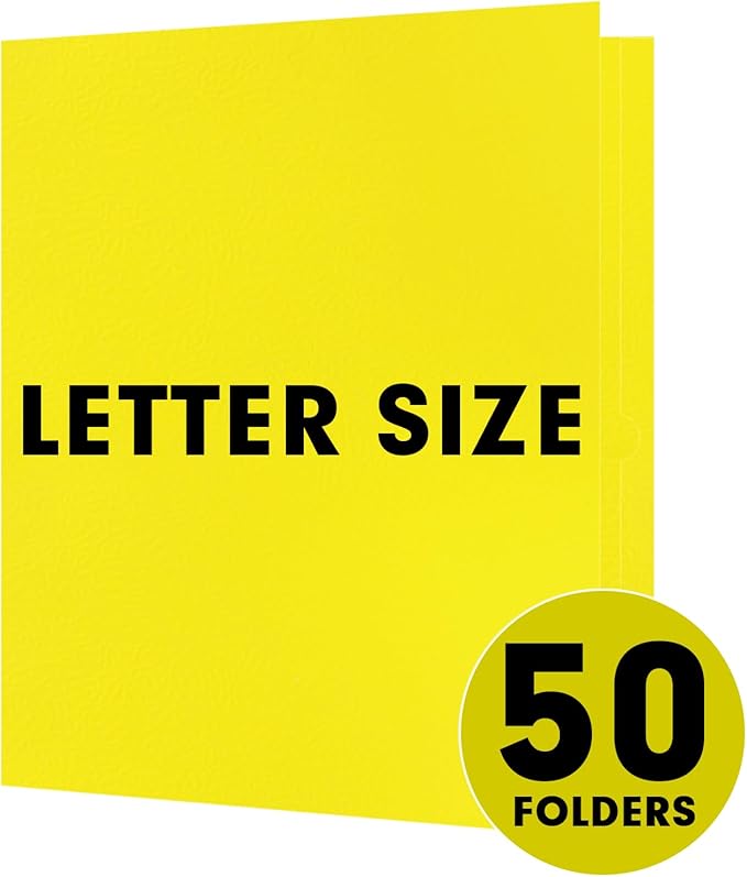 Two Pocket Folders, RAZCC 50 Pack 2 Pocket Folders Fit Letter Size Paper, Paper Folders with Pockets for School Office Business Home (Yellow)