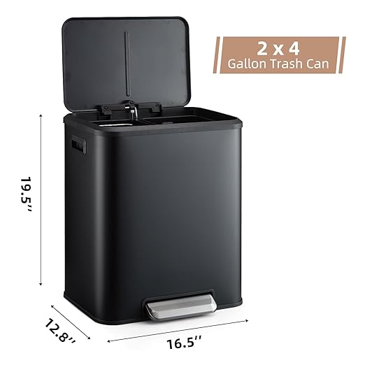 MilleLoom 30L/8 Gallon Trash Can - 2 x 4 Gal Dual Compartment Stainless Steel Kitchen Recycling Trash Can, Soft-Close Lid, Removable Plastic Inner Bucket, Double Waste Bin for Home Office - Black